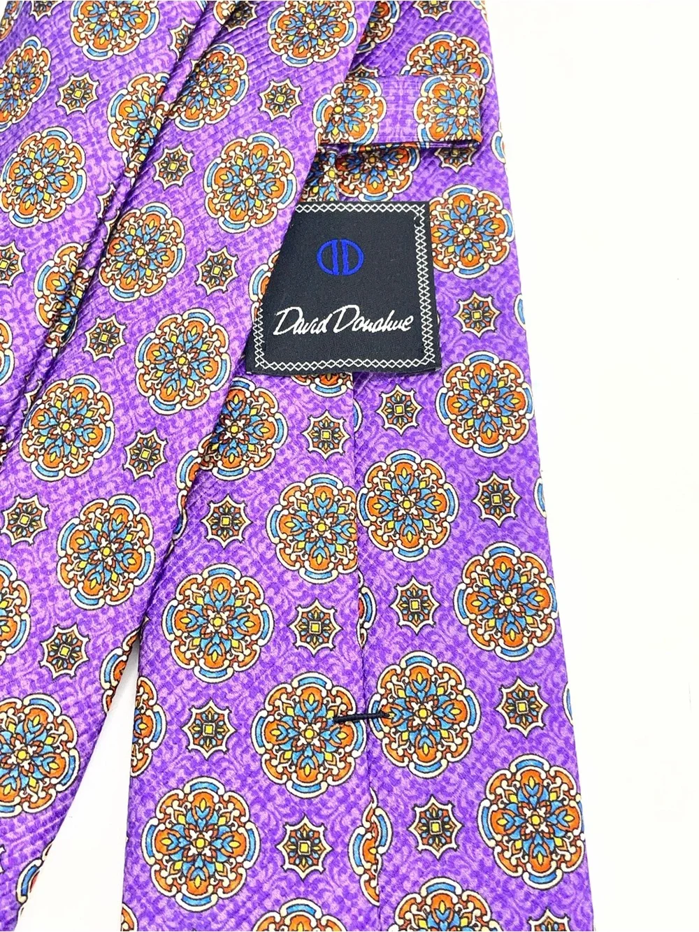 David Donahue Purple Medallion Silk Tie with Orange and Blue Accents